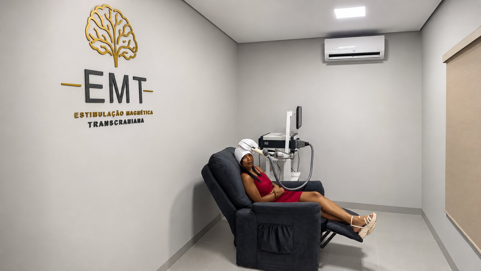 Sala de Estimulação Magnética Transcraniana com poltrona reclinável e equipamento de EMT