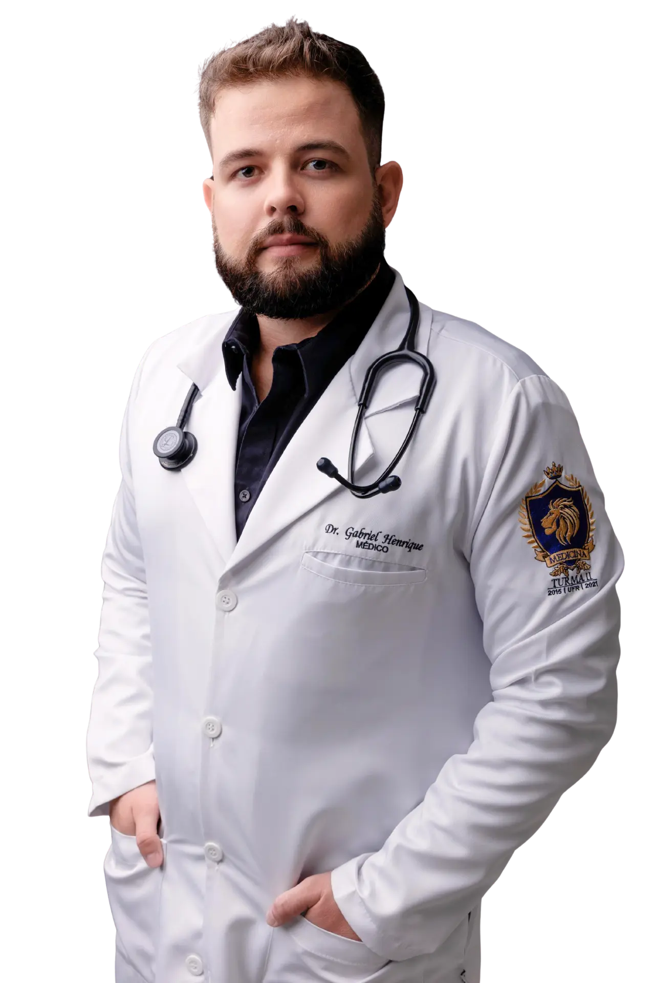 Dr. Gabriel Possamai, médico, de jaleco branco e estetoscópio